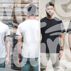 May include: A series of images showcasing a person wearing a white t-shirt and a black t-shirt. The white t-shirt is paired with light blue pants, while the black t-shirt is paired with white distressed pants. The text "Make it Yours" is visible.