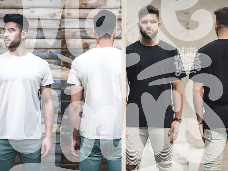 May include: A series of images showcasing a person wearing a white t-shirt and a black t-shirt. The white t-shirt is paired with light blue pants, while the black t-shirt is paired with white distressed pants. The text "Make it Yours" is visible.