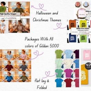 May include: A promotional image showcasing various t-shirt mockups in different colors and styles. The image includes flat lay and folded t-shirts, with text that reads "Halloween and Christmas Themes" and "Make Yours". The image also displays the text "Packages With All colors of Gildan 5000".