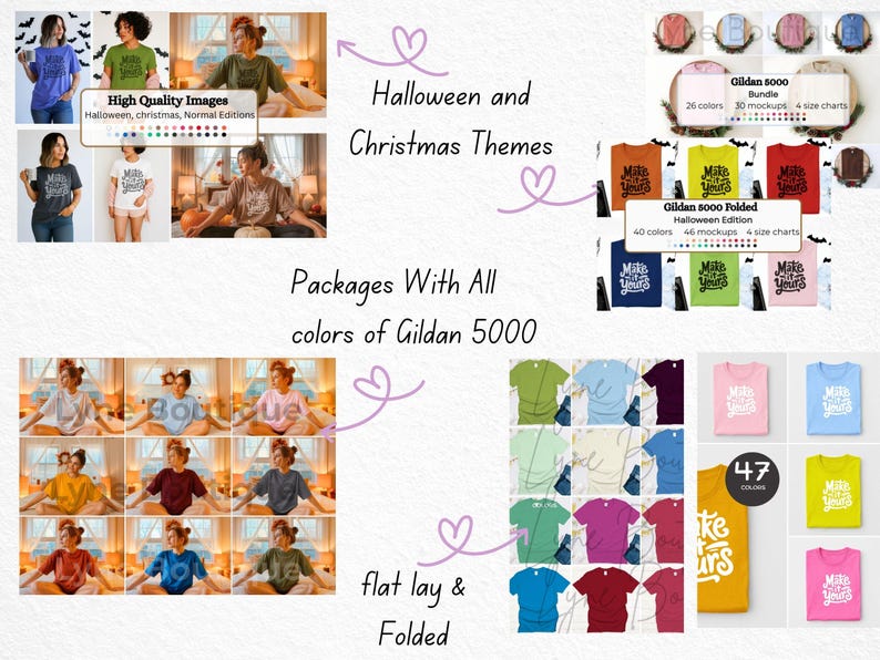 May include: A promotional image showcasing various t-shirt mockups in different colors and styles. The image includes flat lay and folded t-shirts, with text that reads "Halloween and Christmas Themes" and "Make Yours". The image also displays the text "Packages With All colors of Gildan 5000".