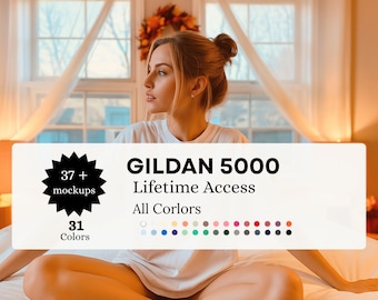 May include: A woman wearing a white t-shirt with the text "GILDAN 5000 Lifetime Access All Colors". The image also includes a graphic with "37+ mockups" and "31 Colors".
