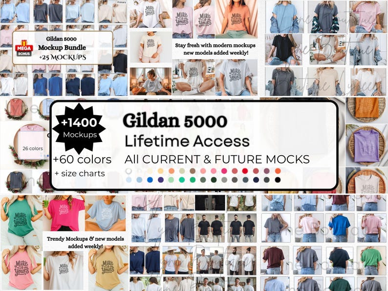 Gildan 5000 Mockup Bundle,Bundle Gildan 5000 Shirt, Gildan Whole Shop Mockup Bundle Model, Front Back Mockup Lifetime Access, man women