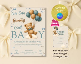 Bär-Babyparty-Einladung, Krawatten-blauer Junge Boho Bär-Babyparty, wir können Bären-Einladung warten, Teddybär-Einladung für Jungen, bearbeitbar in Canva