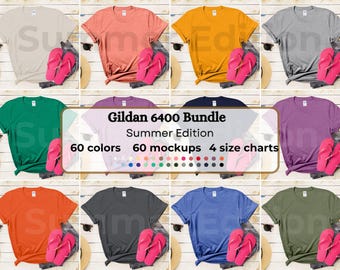 Gildan 64000 Mockup Bundle | Flatlay G64000 Shirt Mockups + Size Chart | Gildan Softstyle T-Shirt Aesthetic Mockup Bundle for POD Sellers