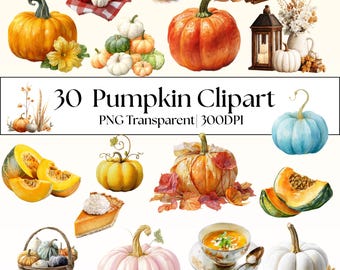 30 Watercolor Pumpkin Clipart Bundle: Autumn Florals, Cottagecore Thanksgiving (Transparent PNG)