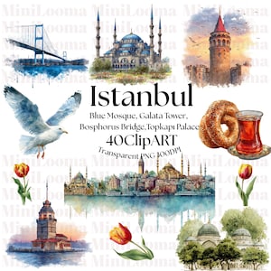 Puede incluir: Ilustraciones en acuarela de los monumentos de Estambul, como la Mezquita Azul, la Torre de Gálata y el puente del Bósforo. La imagen también presenta una gaviota, un tulipán y un desayuno turco. Texto: "Estambul" y "40 ClipArt".