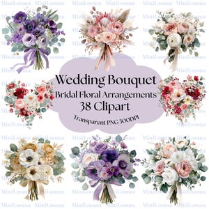 Op de afbeelding: Een verzameling aquarel bruidsboeketten in verschillende stijlen. De boeketten bevatten rozen, anemonen en andere bloemen in tinten paars, roze en wit. Tekst luidt "Wedding Bouquet, Bridal Floral Arrangements, 38 Clipart."