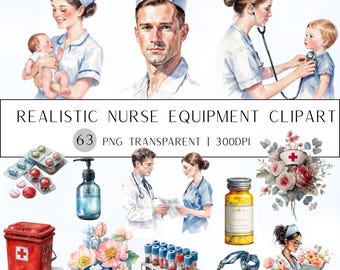 63 imágenes prediseñadas de equipo de enfermería realista/ PNG de acuarela médica (descarga digital)