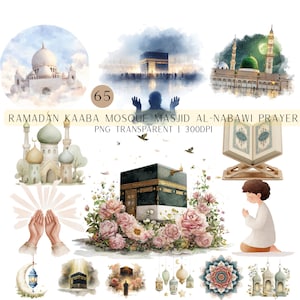Puede incluir: Ilustraciones en acuarela con temas islámicos. Las imágenes incluyen representaciones de mezquitas, la Kaaba y escenas de oración. La paleta de colores es suave, con tonos pastel y acentos florales. El texto dice "Ramadan Kaaba Mosque Masjid Al-Nabawi Prayer".