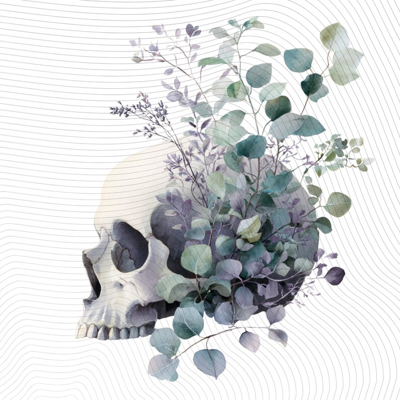 May include: Watercolor illustration of a human skull with botanical elements. The skull is white with gray shading, and the floral arrangement features green and purple leaves. The background has a white wavy pattern.