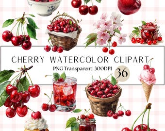 36 Cherry Watercolor Clipart Bundle: Fruit, Jam,  Sweets (PNG Transparent)