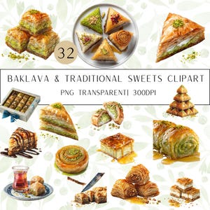 32 Baklava & Traditional Sweets Clipart|Realistic Turkish Sweets, Pistachio Desserts Art|PNG Transparent Background