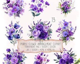 13 imágenes prediseñadas de arreglos florales morados, conjunto de ilustraciones de lavanda, JPG y PNG transparentes (descarga digital)
