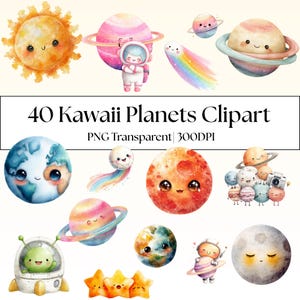 Może przedstawiać: Zestaw clipartów akwarelowych z 40 planetami kawaii. Ilustracje przedstawiają uśmiechnięte planety, gwiazdy, astronautów i tęcze. Tekst na obrazku brzmi "40 Kawaii Planets Clipart PNG Transparent 300DPI."