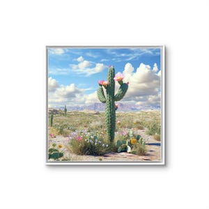 Minimale Wüstenkaktus Kunst | Lebendiger blühender Saguaro Druck|Wüsten Botanischer Druck|Buntes Kaktusdekor für Zuhause|Druckbar| Grünpflanze