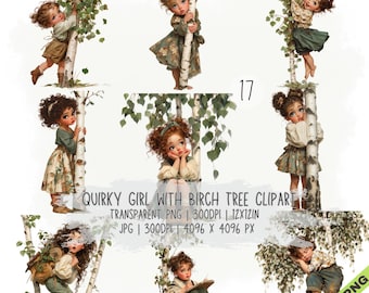 Paquete de 17 imágenes prediseñadas de Chica peculiar con abedul, Chica caprichosa JPG y PNG transparente