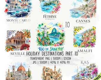 Puede incluir: Una colección de diez ilustraciones en acuarela que representan destinos vacacionales como Monte Carlo, Fethiye, Cannes, Sevilla, Río de Janeiro, Amalfi, Florencia, Mardin y Kas, con etiquetas de texto para cada lugar y el título Holiday Destinations Part 10.