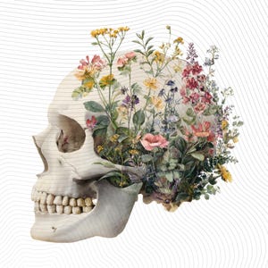 May include: A detailed illustration of a human skull with colorful flowers and foliage growing from within. The flowers include pink, yellow, and purple blooms, set against a white background with subtle gray wavy lines.