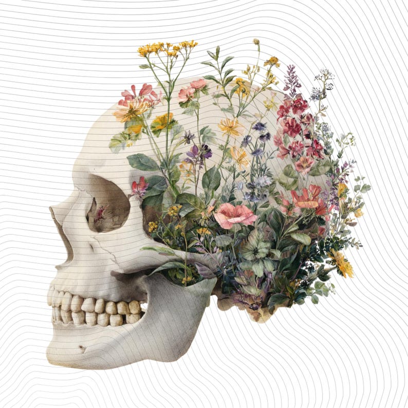 May include: A detailed illustration of a human skull with colorful flowers and foliage growing from within. The flowers include pink, yellow, and purple blooms, set against a white background with subtle gray wavy lines.