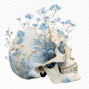 May include: Watercolor illustration of a human skull with blue forget-me-not flowers growing from it. The skull is off-white with blue shading, and the flowers have delicate blue petals. The background has a subtle, wavy gray pattern.