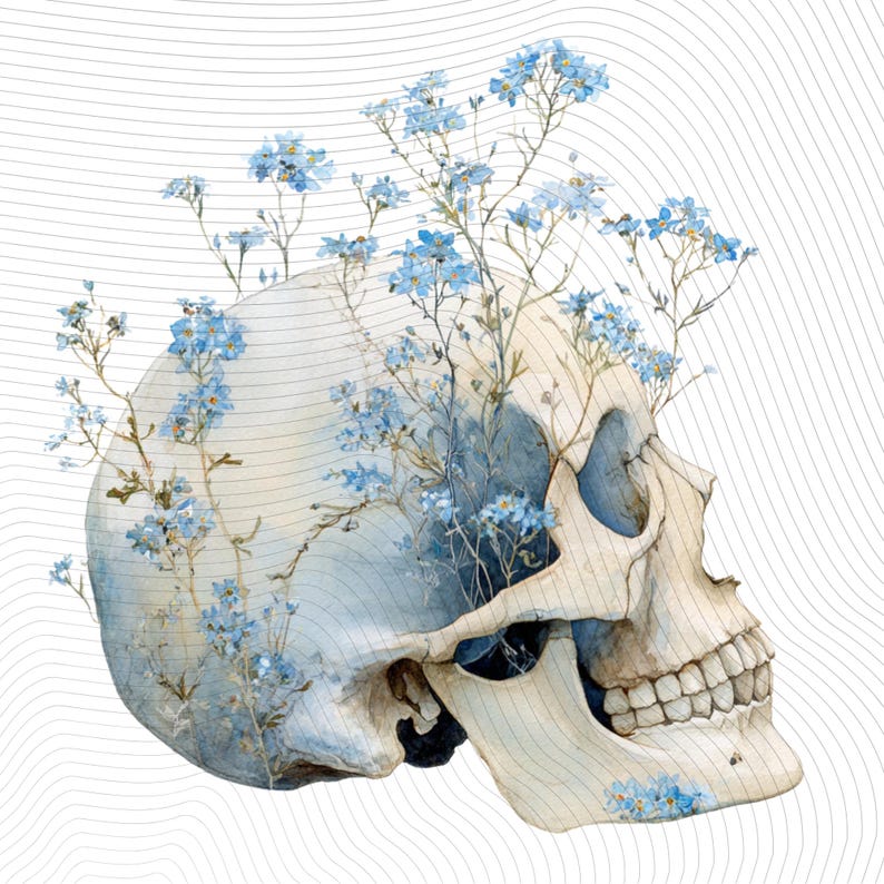 May include: Watercolor illustration of a human skull with blue forget-me-not flowers growing from it. The skull is off-white with blue shading, and the flowers have delicate blue petals. The background has a subtle, wavy gray pattern.