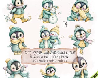 Paquete de 14 imágenes prediseñadas de pingüinos observando la nieve en formato JPG y PNG transparente (descarga digital)