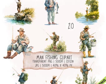 Paquete de 20 imágenes prediseñadas de pescadores, imágenes JPG y PNG transparentes (descarga digital)