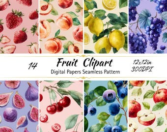 May include: A collection of 14 fruit-themed digital papers featuring seamless patterns of strawberries, peaches, lemons, grapes, figs, cherries, blueberries, and apples. The text reads 14 Fruit Clipart, Digital Papers Seamless Pattern, 12x12in, 300DPI.
