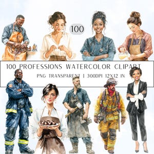 Könnte beinhalten: Aquarell-Cliparts mit Illustrationen von 100 Berufen. Das Bild zeigt einen Schuhmacher, eine Schneiderin, eine Krankenschwester, einen Bäcker und einen Feuerwehrmann. Der Text lautet "100 Professions Watercolor Clipart" und "PNG Transparent | 300DPI 12x12 IN".