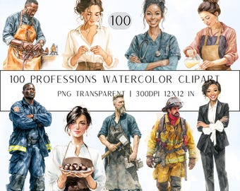 100 Professions Watercolor Clipart Bundle | Inclusive Career People PNG | Education & Work Clipart Transparent Background