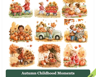 Puede incluir: Un paquete de imágenes prediseñadas digitales titulado Autumn Childhood Moments que presenta nueve ilustraciones en acuarela de niños interactuando con calabazas, girasoles y follaje otoñal en exteriores, incluyendo vagones, un camión y un zorro.