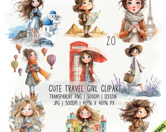 May include: A digital collection of 20 illustrations featuring cartoon characters in various travel settings, including landmarks like the Eiffel Tower and Greek architecture, with text reading CUTE TRAVEL GIRL CLIPART, TRANSPARENT PNG, 300DPI, 12X12IN.