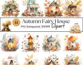 44 Autumn Fairy House Watercolor Clipart: Whimsical Fall Illustrations (Transparent PNG)