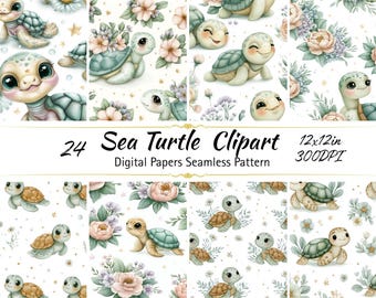 May include: A collection of 24 digital sea turtle clipart and seamless pattern papers featuring illustrations of small turtles with large eyes, soft-toned floral arrangements, and small stars on a white background, labeled 12x12in 300DPI.