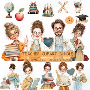 Op de afbeelding: Een digitale illustratie met clip art met een thema voor leraren. De afbeelding bevat een wereldbol, boeken, een appel, een rugzak, potloden, een afstudeerhoed en verschillende lerarenfiguren. De tekst "Teacher Clipart Bundle" is ook aanwezig.