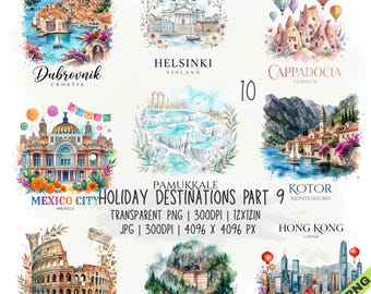 Puede incluir: Una colección digital de diez ilustraciones en acuarela que muestran destinos de viaje globales como Dubrovnik, Helsinki, Capadocia, Ciudad de México, Pamukkale, Kotor, Roma, Trabzon y Hong Kong, con etiquetas de texto y especificaciones.