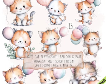 13 imágenes prediseñadas de gatos jugando con globos en formato JPG y PNG transparente (descarga digital)