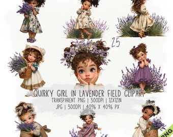 Paquete de 25 imágenes prediseñadas de Chica peculiar en un campo de lavanda, Chica caprichosa JPG y PNG transparente