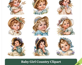 Puede incluir: Una colección digital de nueve ilustraciones que muestran bebés con cabello rizado usando sombreros de paja y gorros, adornados con espigas de trigo y lavanda. El texto dice: Baby Girl Country Clipart, 12 Transparent PNG files, 9 shown, Clipart Bundle, 4000 x 4000 px, 300 DPI, DIGITAL DOWNLOAD, Transparent PNG.