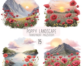 15 clipart landschap klaproos, rode klaproos zonsondergang aquarel transparante png-bestandsachtergrond