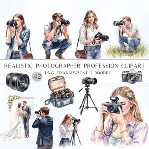 Può includere: Set di clipart ad acquerello con vari fotografi con fotocamere, obiettivi e attrezzature. L'immagine include il testo "REALISTIC PHOTOGRAPHER PROFESSION CLIPART" e "PNG TRANSPARENT | 300DPI".