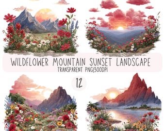 12 Wildflower Mountain Sunset Watercolor Landscape Clipart, Pastel Nature, Floral Sunset PNG Transparent Background