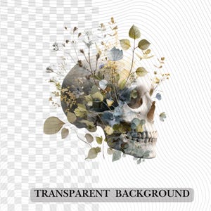 May include: A detailed illustration of a human skull adorned with delicate floral elements. The skull is rendered in shades of gray and white, with subtle shadows. The flowers and foliage are in muted greens, blues, and yellows. The text "TRANSPARENT BACKGROUND" is at the bottom.