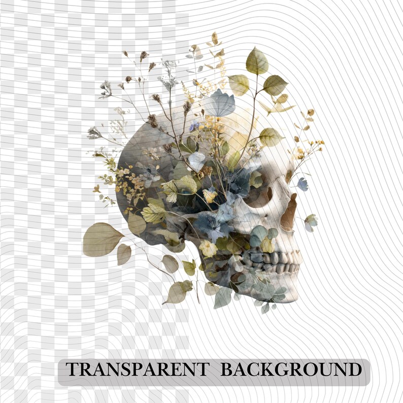 May include: A detailed illustration of a human skull adorned with delicate floral elements. The skull is rendered in shades of gray and white, with subtle shadows. The flowers and foliage are in muted greens, blues, and yellows. The text "TRANSPARENT BACKGROUND" is at the bottom.