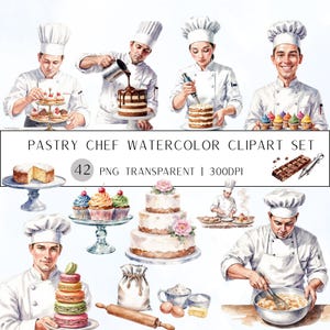 Peut inclure: Ensemble de cliparts aquarelle représentant des pâtissiers créant divers desserts. L'image comprend des chefs décorant des gâteaux, des cupcakes et des macarons. Le texte "PASTRY CHEF WATERCOLOR CLIPART SET" est affiché, ainsi que "42 PNG TRANSPARENT I 300DPI".