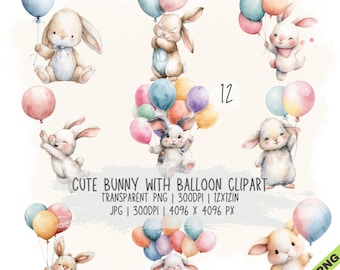 Paquete de 12 imágenes prediseñadas de conejitos con globos en formato JPG y PNG transparente (descarga digital)