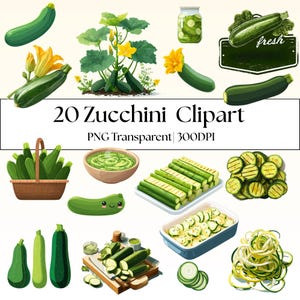 20 Zucchini Clipart Bundle|Vector PNGs|Flat Style Vegetable Graphics, Spiralized Zoodles, Sliced Squash|PNG Transparent Background