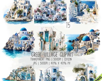 Paquete de 15 imágenes prediseñadas de pueblos griegos, pueblo de Santorini en formato JPG y PNG transparente (descarga digital)