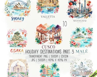 Puede incluir: Una colección digital de diez ilustraciones en acuarela que presentan monumentos mundiales incluyendo Sídney, La Valeta, Shanghái, Osaka, Cusco, Malé, Agra, Miami y Helsinki, con etiquetas de texto para cada ciudad y el título Holiday Destinations Part 3.