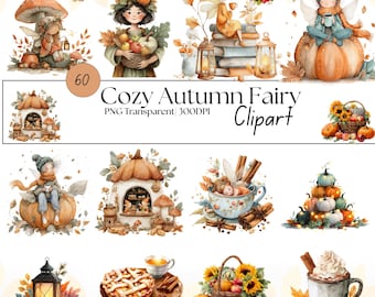 May include: Watercolor clipart set featuring autumn-themed fairies, pumpkins, mushrooms, and fall foliage. The text "Cozy Autumn Fairy Clipart" is displayed. The illustrations are in warm colors, evoking a cozy, seasonal atmosphere.